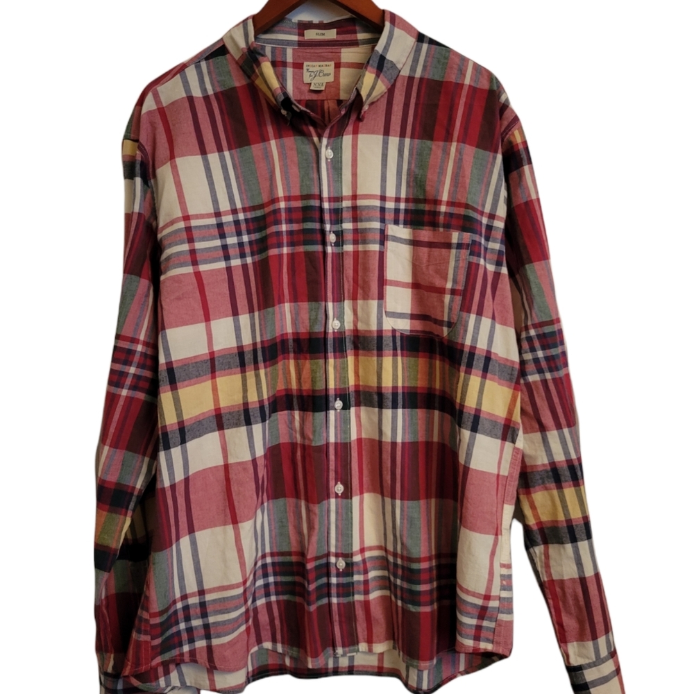 J. Crew Indian Madras Slim Fit Button Shirt Men's XXL Red Blue Yellow Check